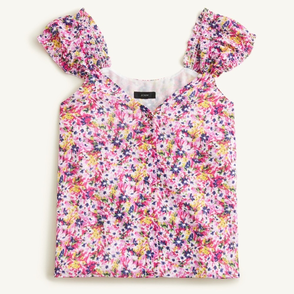 J. Crew Cap Sleeve Gauze Chiffon Floral Top Blouse Women’s‎ XXS Cottage Coastal